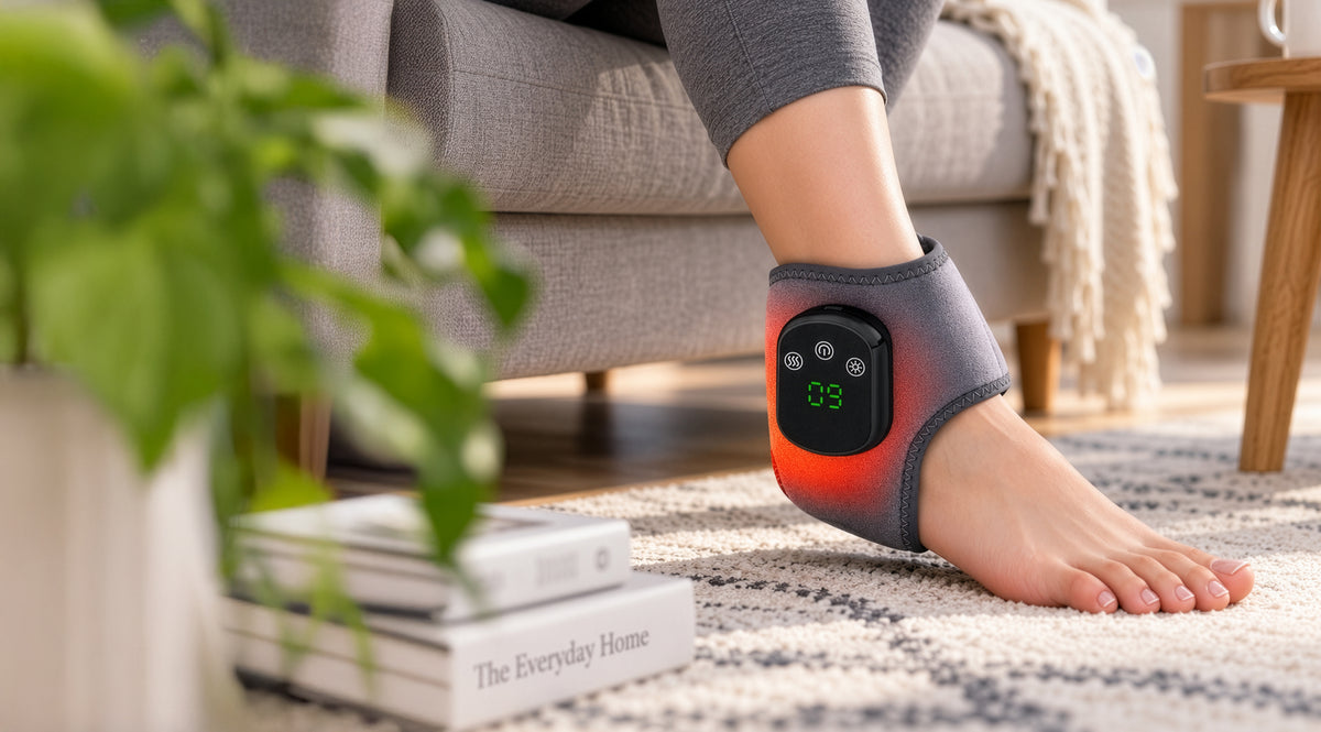 Person relaxing in living room wearing the Footrenew Triple Method Massager